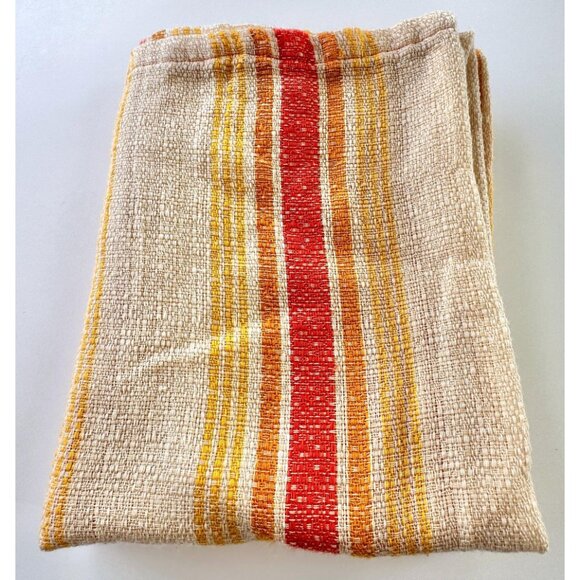 Vintage 1970s curtain, beige, yellow orange stripes, rod header - Picture 9 of 10
